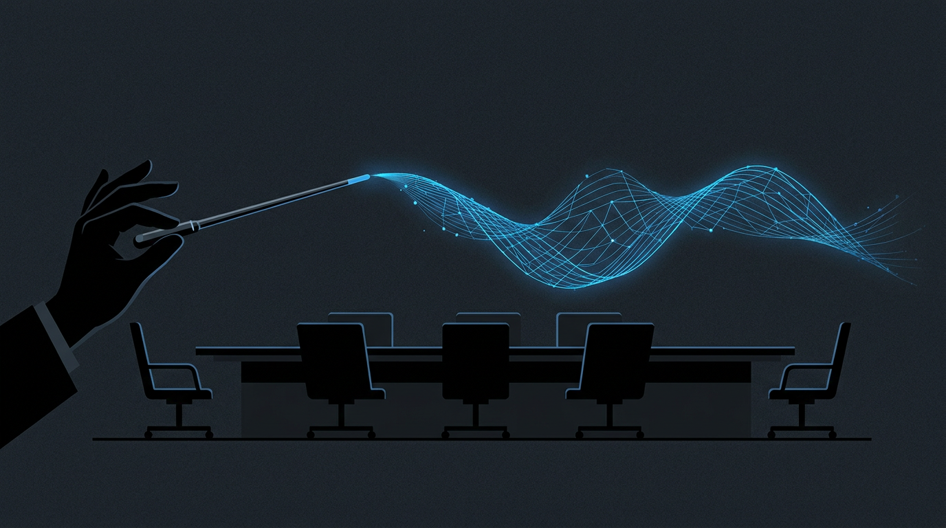 Minimal editorial illustration of a conductor's baton tracing a data waveform over a dark boardroom, charcoal with electric blue accent