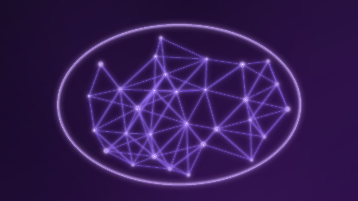 Abstract neural mesh held inside a glowing protective boundary, a visual metaphor for an AI model kept under local and sovereign control